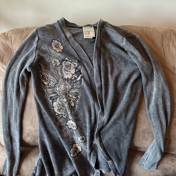 vocal cardigan / y2k bling angel wing biker 2000s drape / dark grey size small - Picture 4 of 6